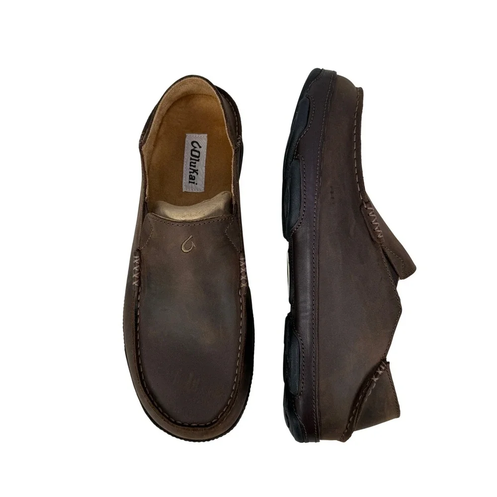 Olukai Moloa Slip On Loafers Mens 11.5 Dark Wood Brown Leather Comfort Shoes